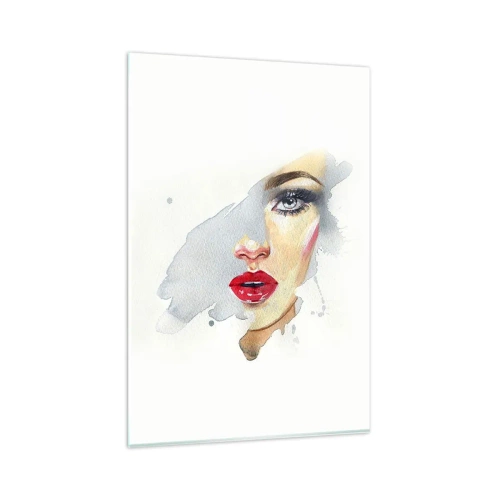 Glasbild - Bild auf glas - Ein Aquarellporträt einer Frau mit intensivem Blick. - 80x120cm - Abspiegeln in einem Wassertropfen - Moderne Wanddekoration für Wohnzimmer und Schlafzimmer ARTTOR