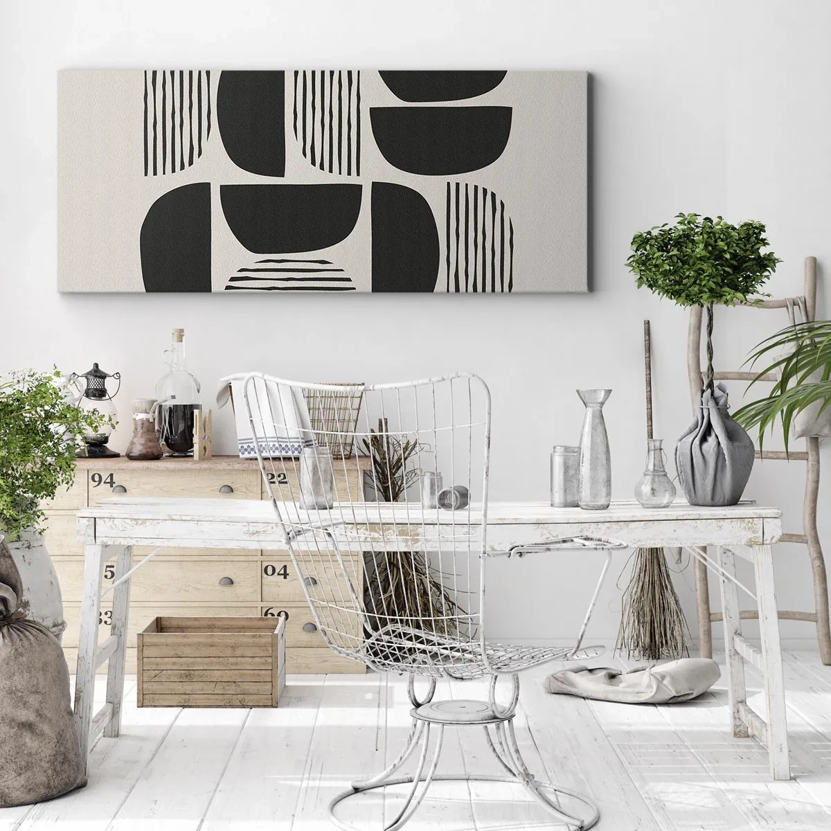 Bild auf Leinwand - Leinwandbild - Geometrie mit Halbkreisen und Linien in Schwarz auf hellem Hintergrund - 140x50cm - Halbherzige Deals - Moderne Wanddekoration für Wohnzimmer und Schlafzimmer ARTTOR