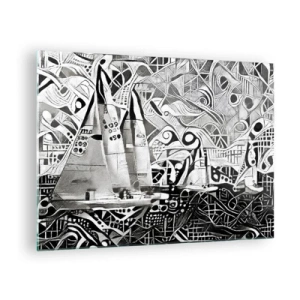Glasbild - Bild auf glas - Schwarz-weiße Abstraktion mit Segelbooten und geometrischen Mustern - 70x50cm - Zwischen den Wellen - Moderne Wanddekoration für Wohnzimmer und Schlafzimmer ARTTOR