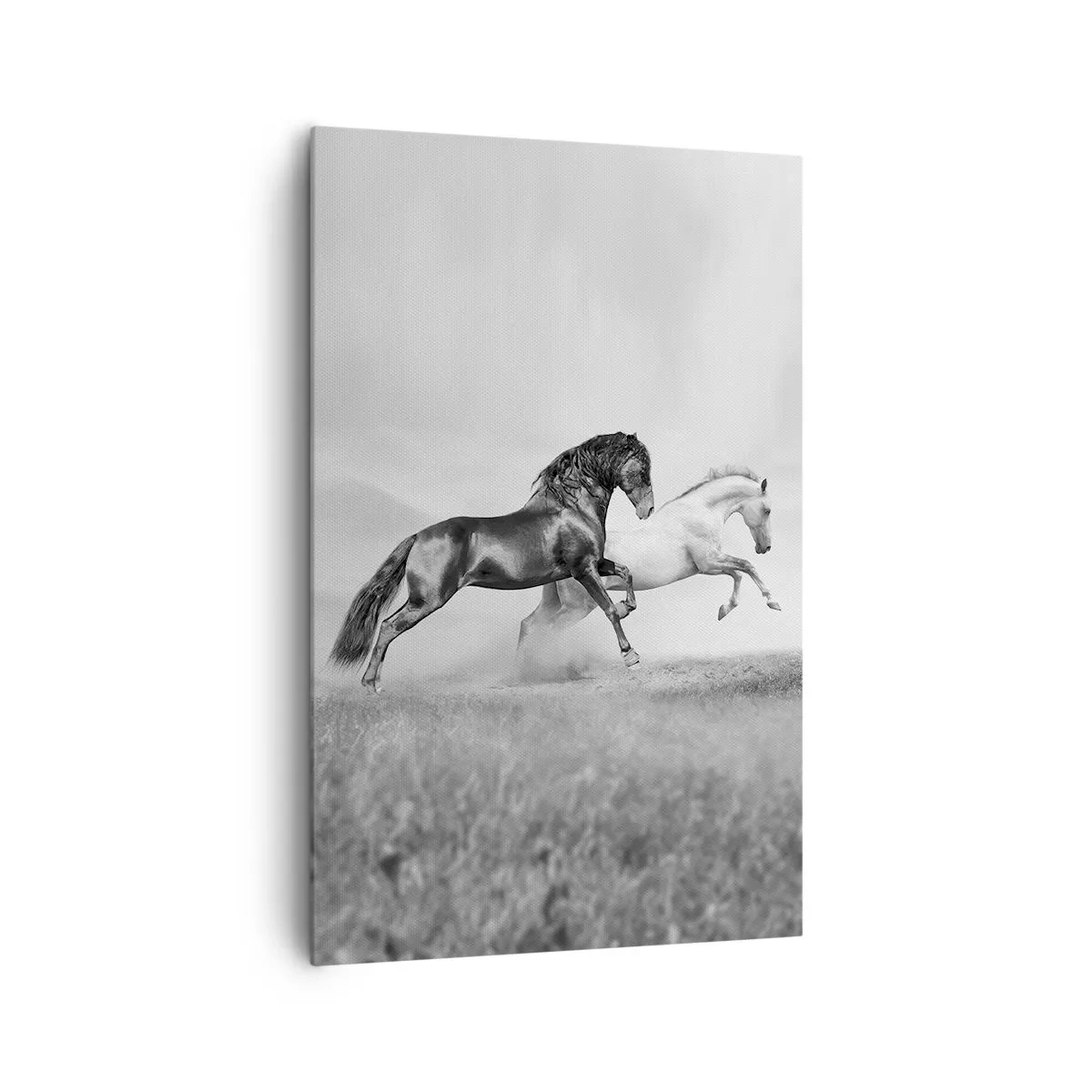 Bild auf Leinwand - Leinwandbild - Zwei galoppierende Pferde in einer dynamischen Schwarz-Weiß-Komposition - 80x120cm - Engel und Dämonen - Moderne Wanddekoration für Wohnzimmer und Schlafzimmer ARTTOR