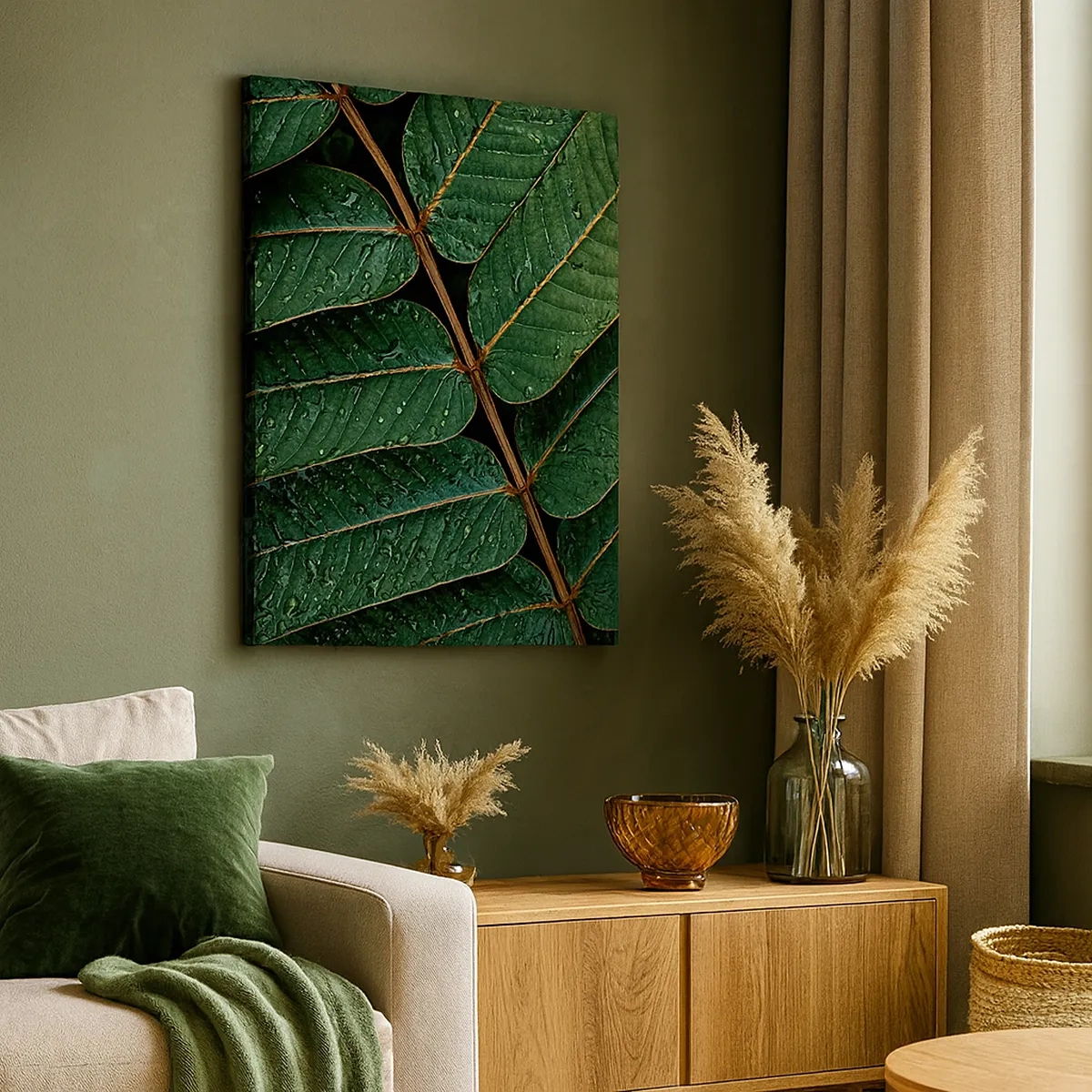 Bild auf Leinwand - Leinwandbild - Makroaufnahme von grünen Blättern mit Tautropfen - 50x70cm - Im grünen Rhythmus - Moderne Wanddekoration für Wohnzimmer und Schlafzimmer ARTTOR