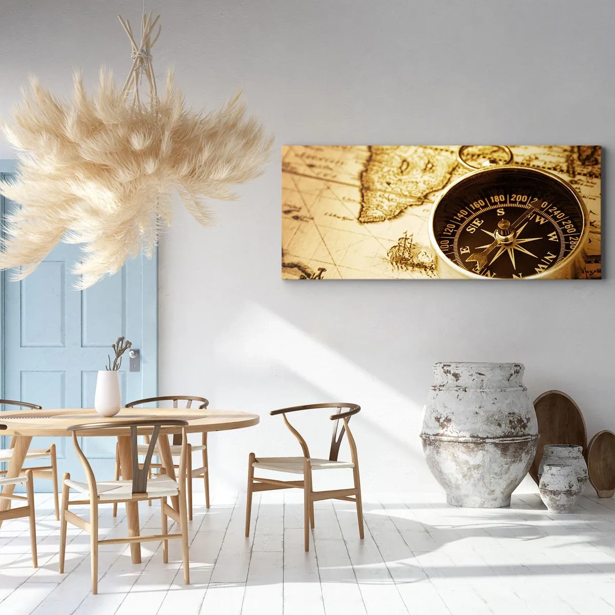 Bild auf Leinwand - Leinwandbild - Ein antiker Kompass vor dem Hintergrund einer alten Weltkarte - 160x50cm - Ost oder West? - Moderne Wanddekoration für Wohnzimmer und Schlafzimmer ARTTOR