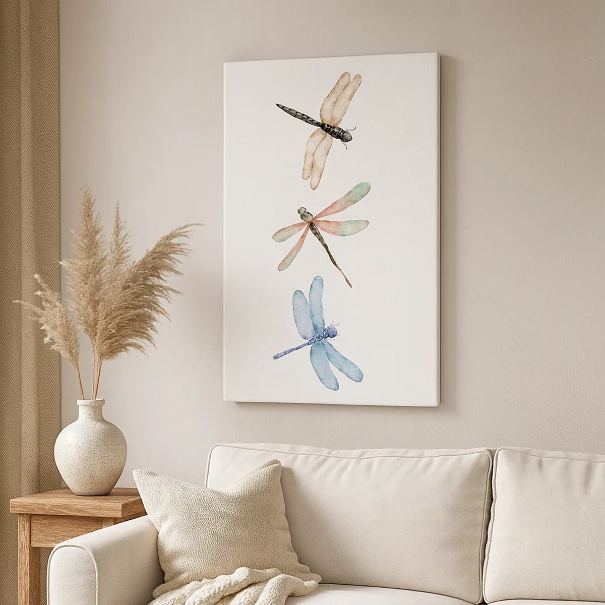 Bild auf Leinwand - Leinwandbild - Drei Libellen in zarten Pastellfarben - 50x70cm - Schwerelose Libellen - Moderne Wanddekoration für Wohnzimmer und Schlafzimmer ARTTOR