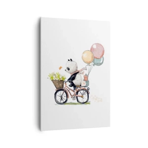 Bild auf Leinwand - Leinwandbild - Panda auf einem Fahrrad mit Luftballons und Blumen - 70x100cm - Glücklicher Tag - Moderne Wanddekoration für Wohnzimmer und Schlafzimmer ARTTOR