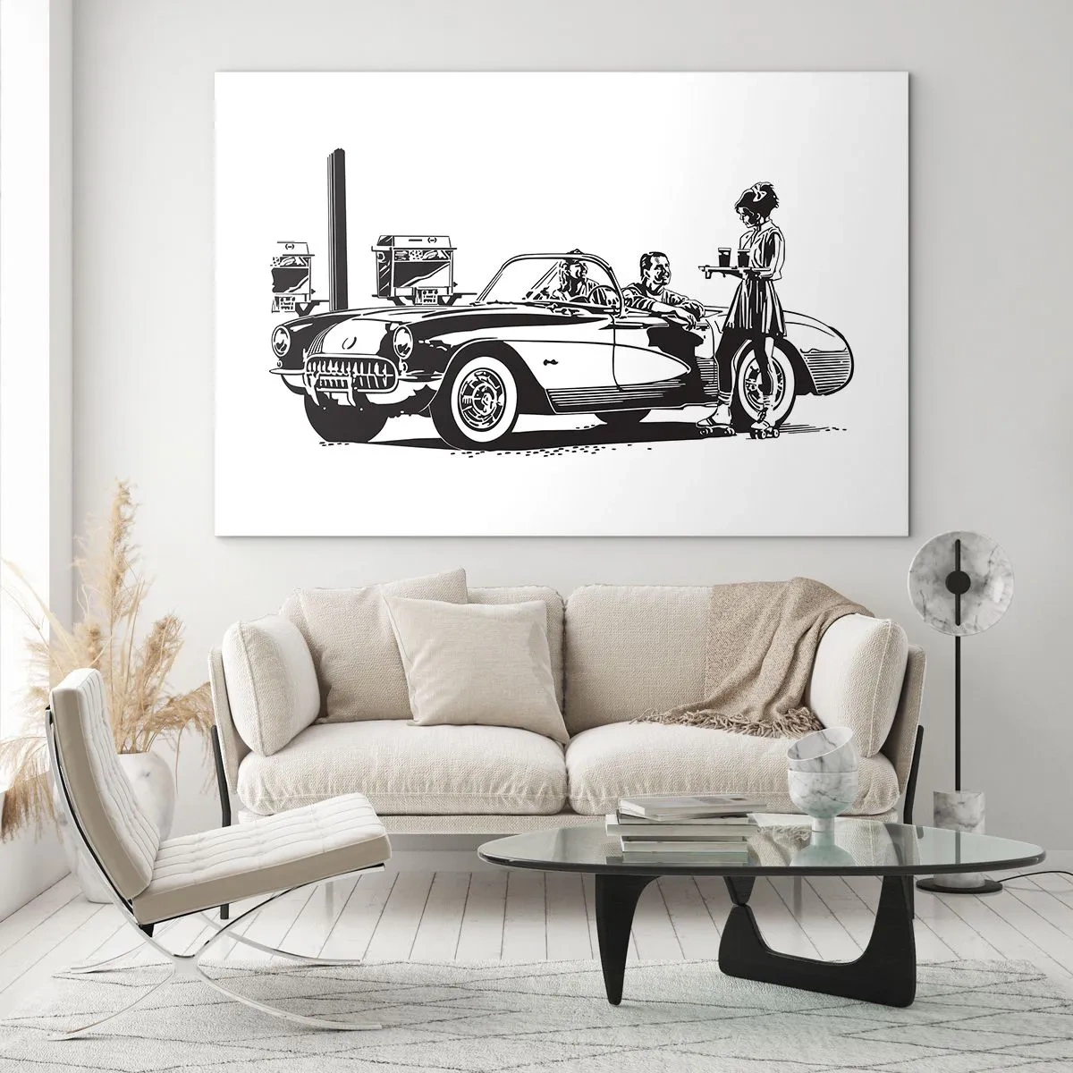 Glasbild - Bild auf glas - Kreative Grafiken mit einem Oldtimer und Figuren - 120x80cm - 60. - unbeschwertes Amerika - Moderne Wanddekoration für Wohnzimmer und Schlafzimmer ARTTOR