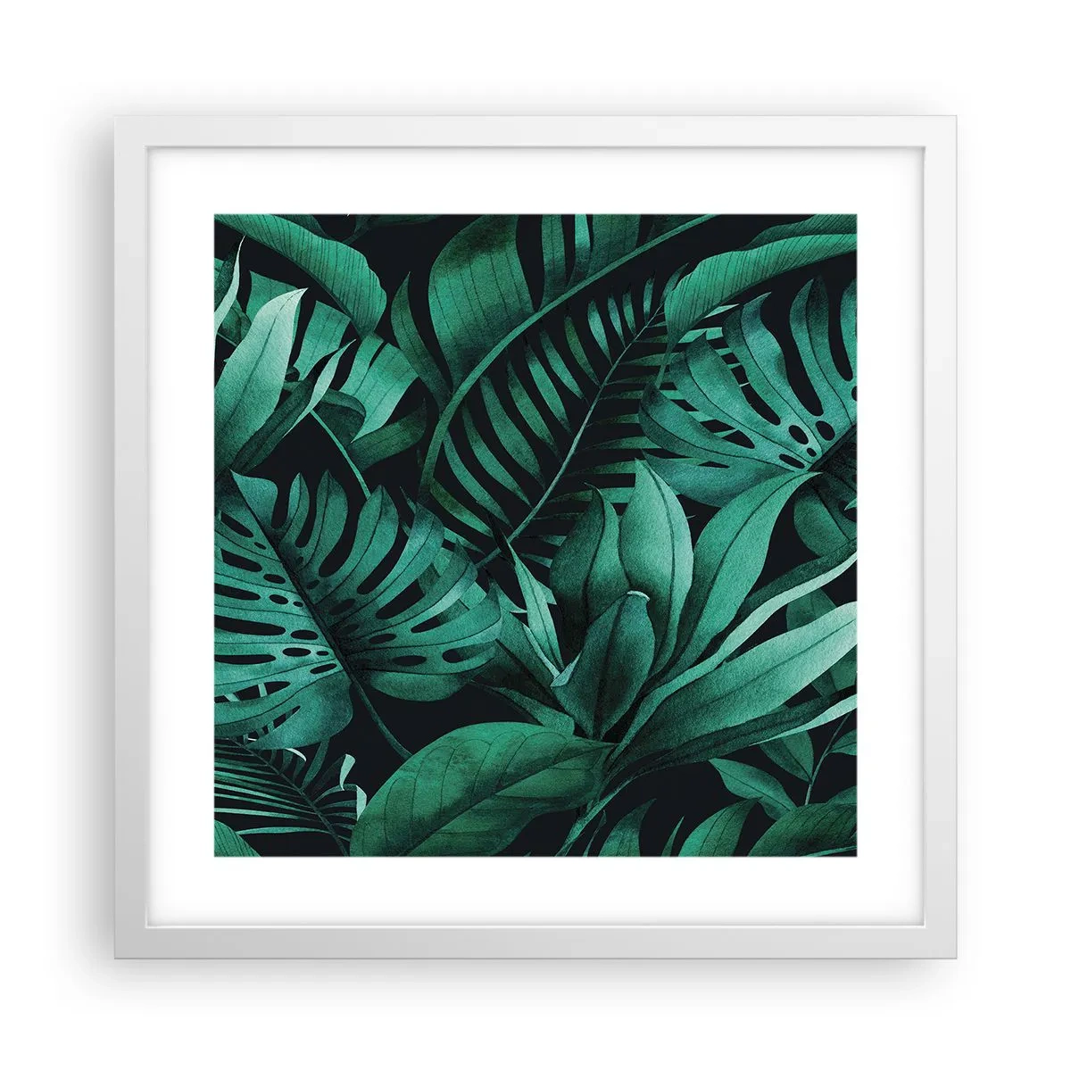 Poster in einem weißen Rahmen - Die Tiefe des tropischen Grüns - 40x40 cm