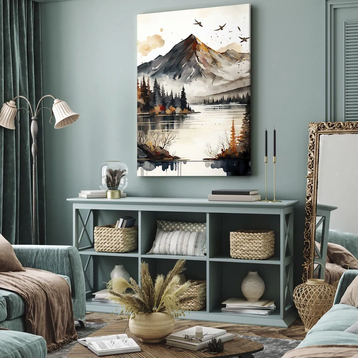 Bild auf Leinwand - Leinwandbild - Herbstliche Berglandschaft mit See und Bäumen in Aquarell - 50x70cm - Goldener Herbst in den Bergen - Moderne Wanddekoration für Wohnzimmer und Schlafzimmer ARTTOR