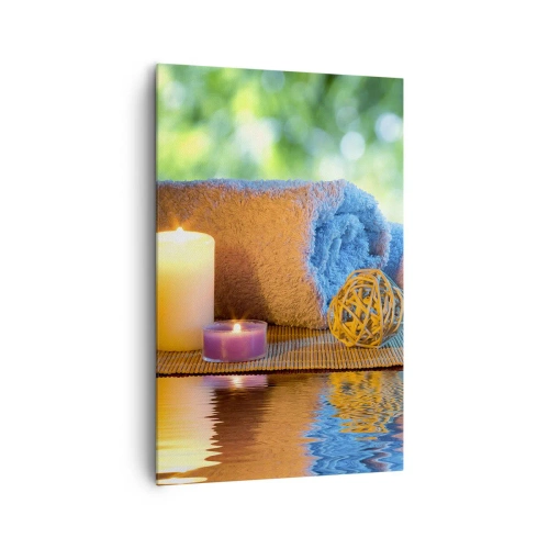 Bild auf Leinwand - Leinwandbild - Entspannendes SPA-Set mit Handtüchern, Kerzen und Steinen - 80x120cm - Zeit für den Körper - Moderne Wanddekoration für Wohnzimmer und Schlafzimmer ARTTOR