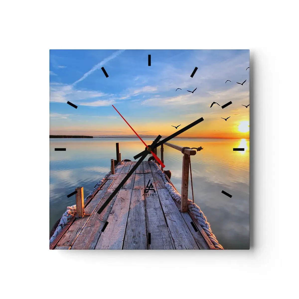 Wanduhr - Glasuhr - Holzsteg bei Sonnenuntergang auf einem ruhigen See - 30x30cm - Lauf direkt der Sonne entgegen - Moderne Wanddekoration für Wohnzimmer und Schlafzimmer ARTTOR