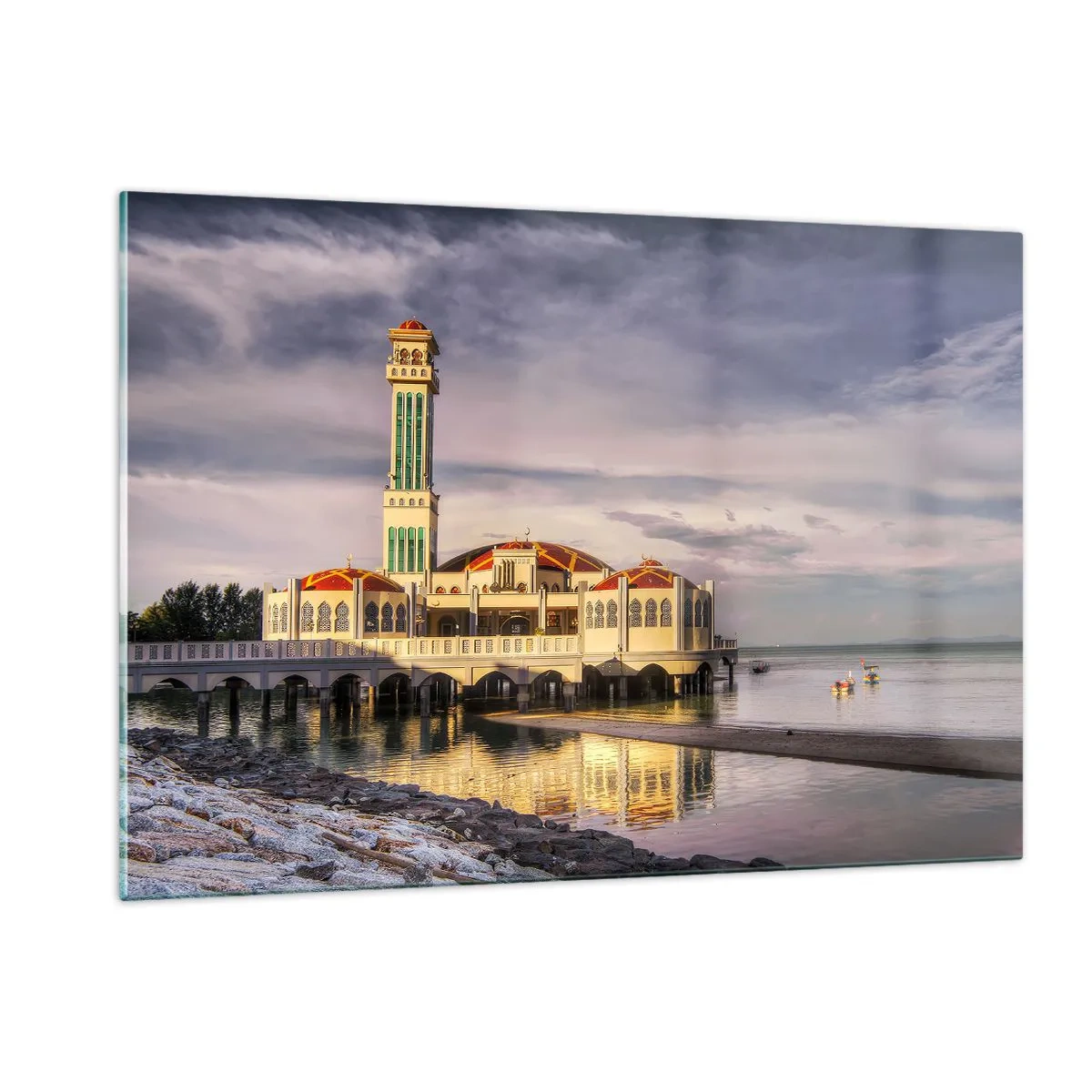 Glasbild - Bild auf glas - Moschee am Wasser in malerischem Licht - 120x80cm - Tempel der Natur - Moderne Wanddekoration für Wohnzimmer und Schlafzimmer ARTTOR