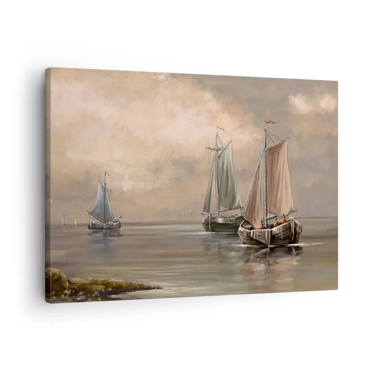 Bild auf Leinwand - Leinwandbild - Segelboote auf ruhigem Meer in pastellfarbener Umgebung - 70x50cm - Die Rückkehr der Matrosen - Moderne Wanddekoration für Wohnzimmer und Schlafzimmer ARTTOR