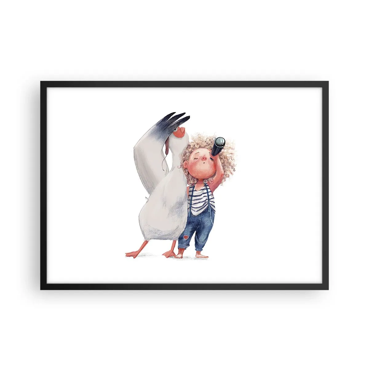 Poster in einem schwarzem Rahmen - Illustration eines Kindes mit einem Pelikan und einem Teleskop in der Hand - 70x50cm - Toller Reiseplan - Moderne Wanddekoration für Wohnzimmer und Schlafzimmer ARTTOR
