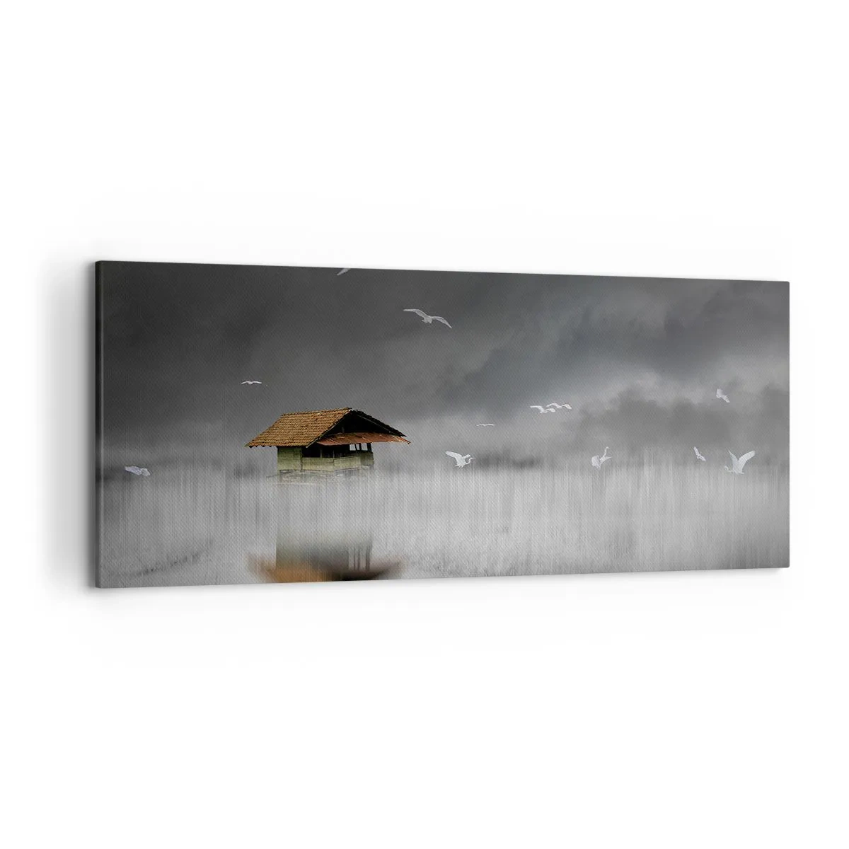 Bild auf Leinwand - Leinwandbild - Ein einsames Häuschen am Wasser, umgeben von Nebel und Vögeln - 120x50cm - Schutz vor Regen - Moderne Wanddekoration für Wohnzimmer und Schlafzimmer ARTTOR