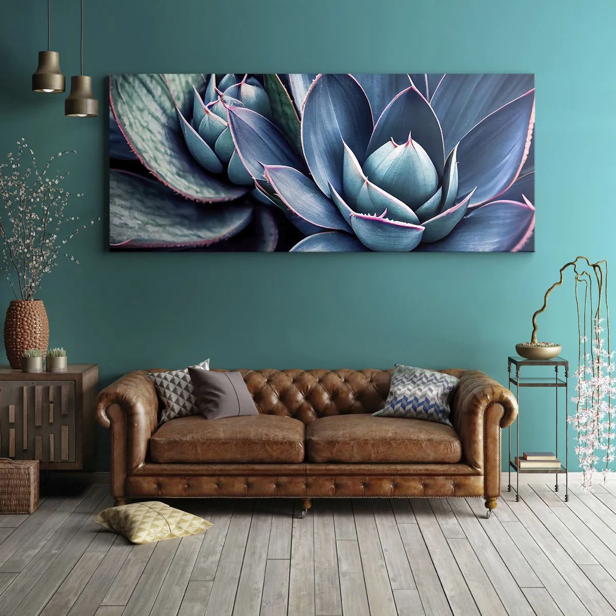 Bild auf Leinwand - Leinwandbild - Agave in Blau- und Grüntönen mit rosa Akzenten - 160x50cm - Lebenskraft - Moderne Wanddekoration für Wohnzimmer und Schlafzimmer ARTTOR