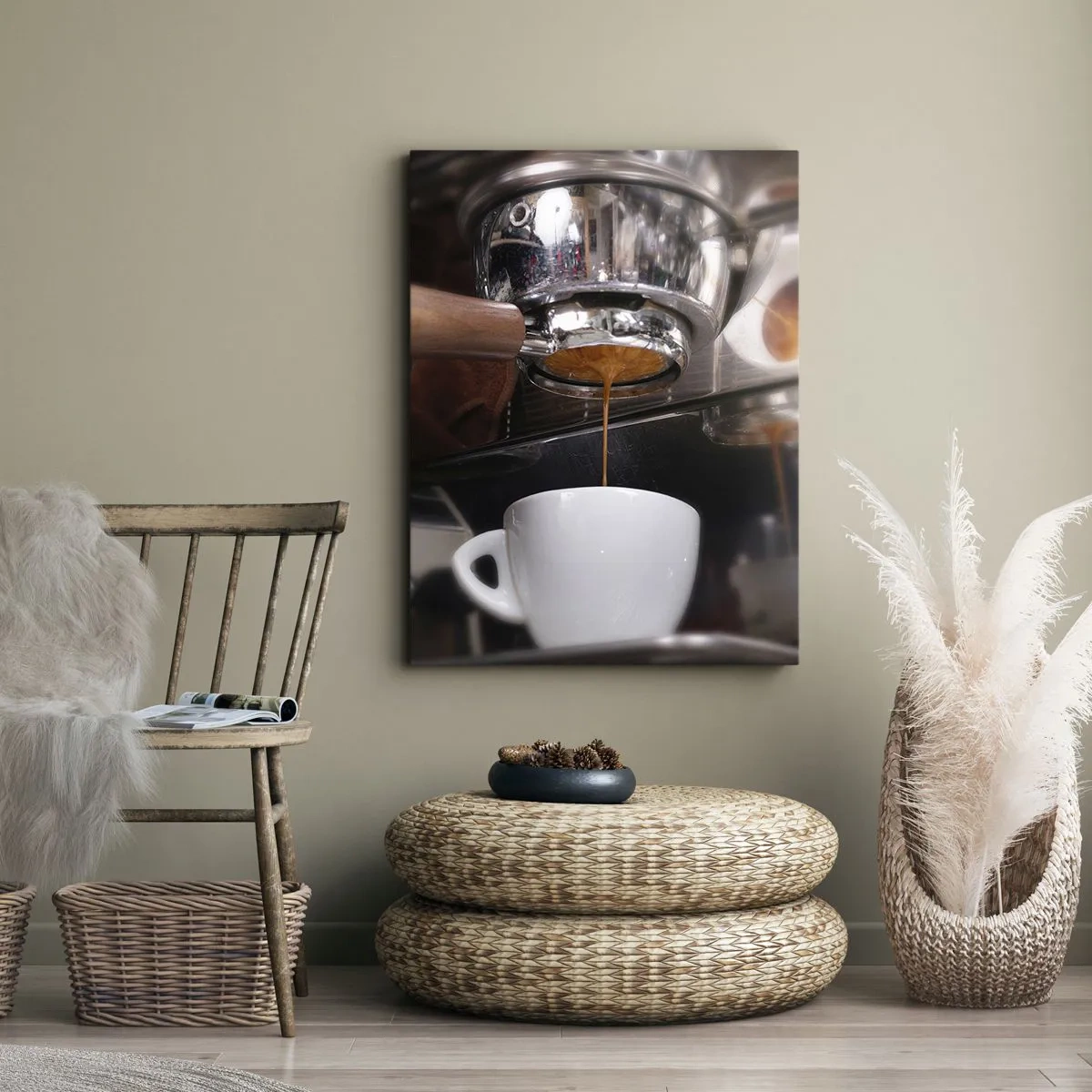 Bild auf Leinwand - Leinwandbild - Nahaufnahme einer Kaffeemaschine, die einen frischen Espresso zubereitet - 50x70cm - Gute Zeit des Tages - Moderne Wanddekoration für Wohnzimmer und Schlafzimmer ARTTOR