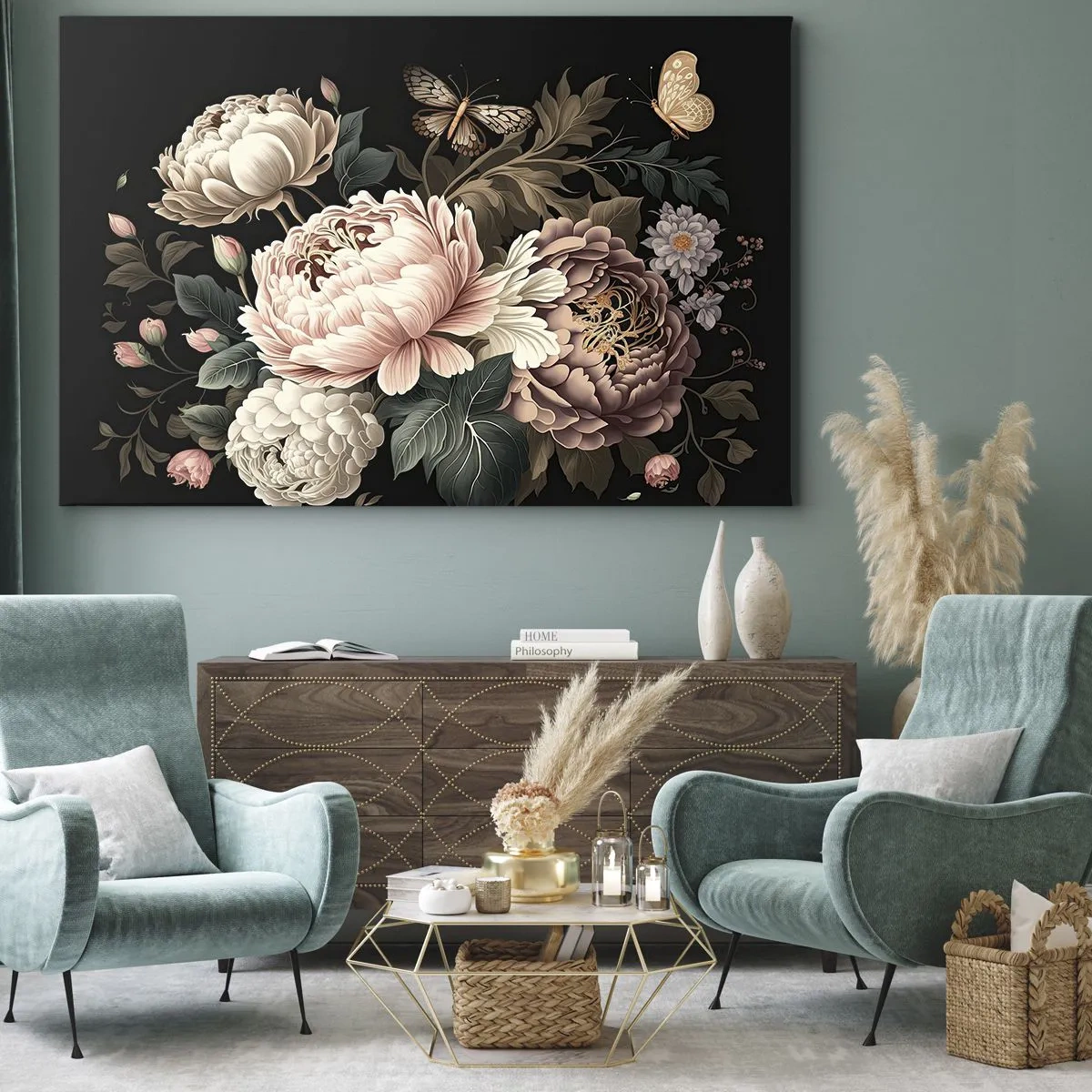 Bild auf Leinwand - Leinwandbild - Ein Strauß rosa Blumen und Schmetterlinge auf schwarzem Hintergrund - 100x70cm - Im Barockstil - Moderne Wanddekoration für Wohnzimmer und Schlafzimmer ARTTOR