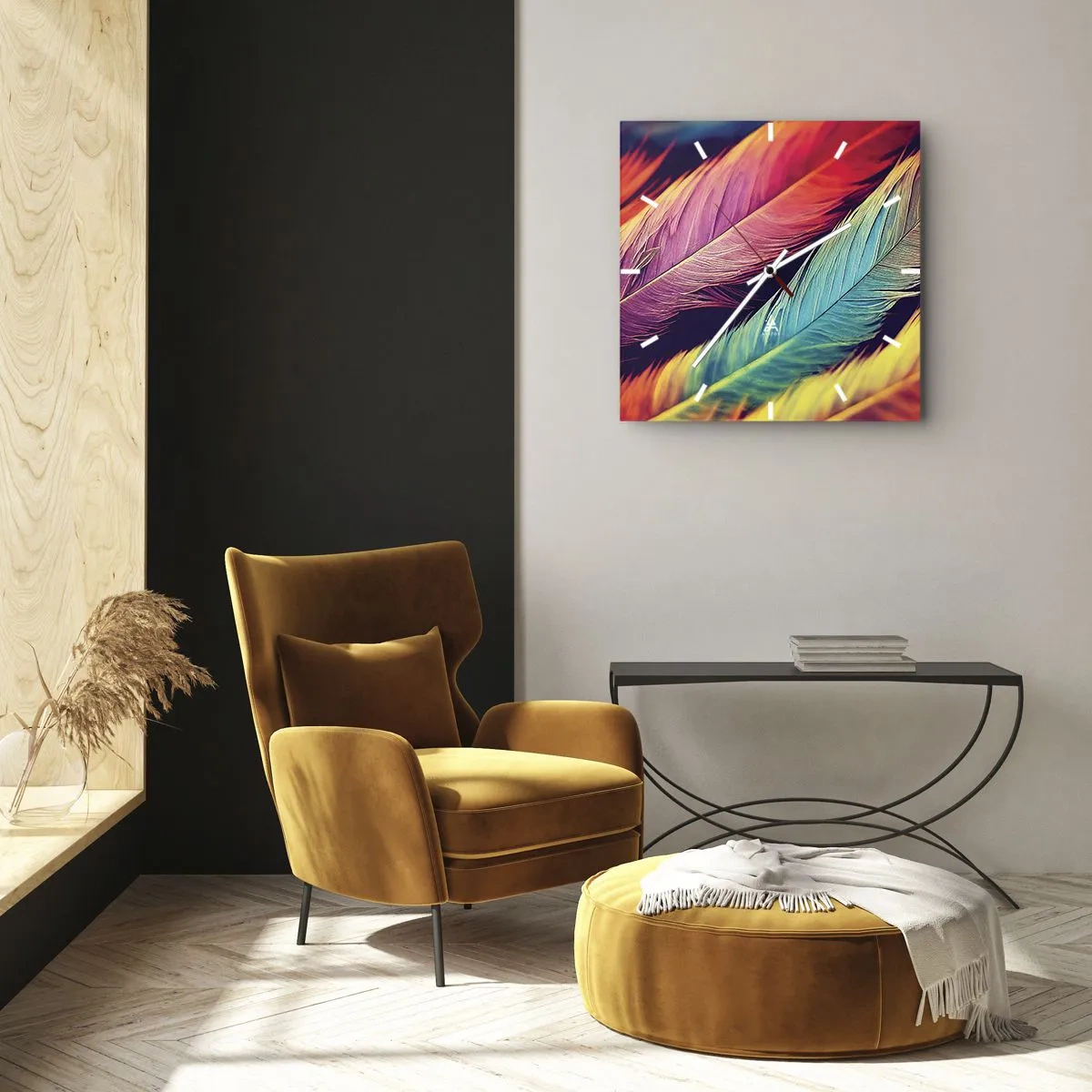 Wanduhr - Glasuhr - Bunte Federn in intensiven Farben - 30x30cm - Gefiederter Regenbogen - Moderne Wanddekoration für Wohnzimmer und Schlafzimmer ARTTOR