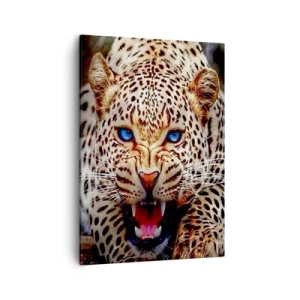 Bild auf Leinwand - Leinwandbild - Ein bedrohlicher Leopard mit intensiv blauen Augen - 50x70cm - Schönheitswut tut nicht weh - Moderne Wanddekoration für Wohnzimmer und Schlafzimmer ARTTOR