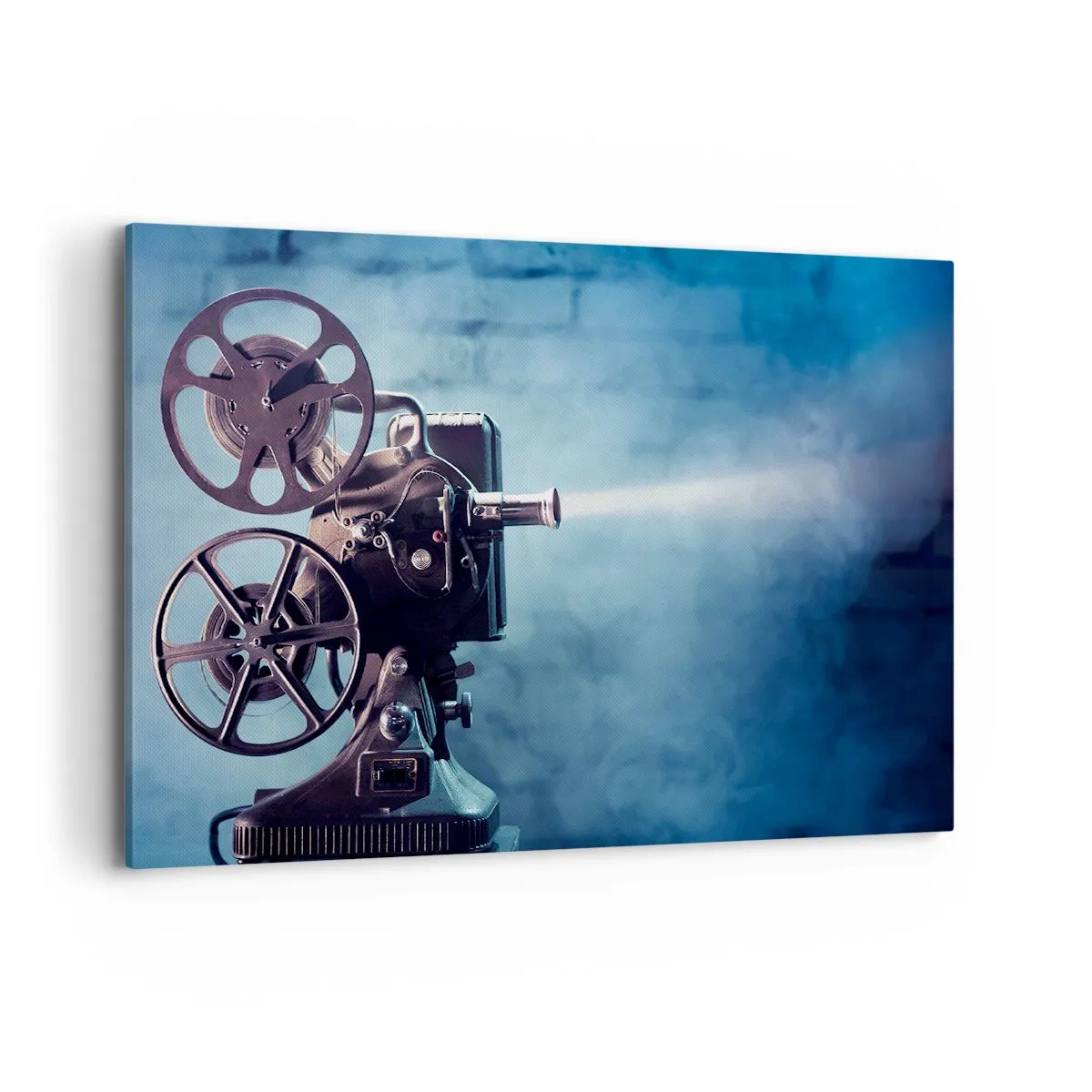Bild auf Leinwand - Leinwandbild - Ein alter Filmprojektor wirft Licht vor einen blauen Hintergrund - 120x80cm - Im alten Kino - Moderne Wanddekoration für Wohnzimmer und Schlafzimmer ARTTOR