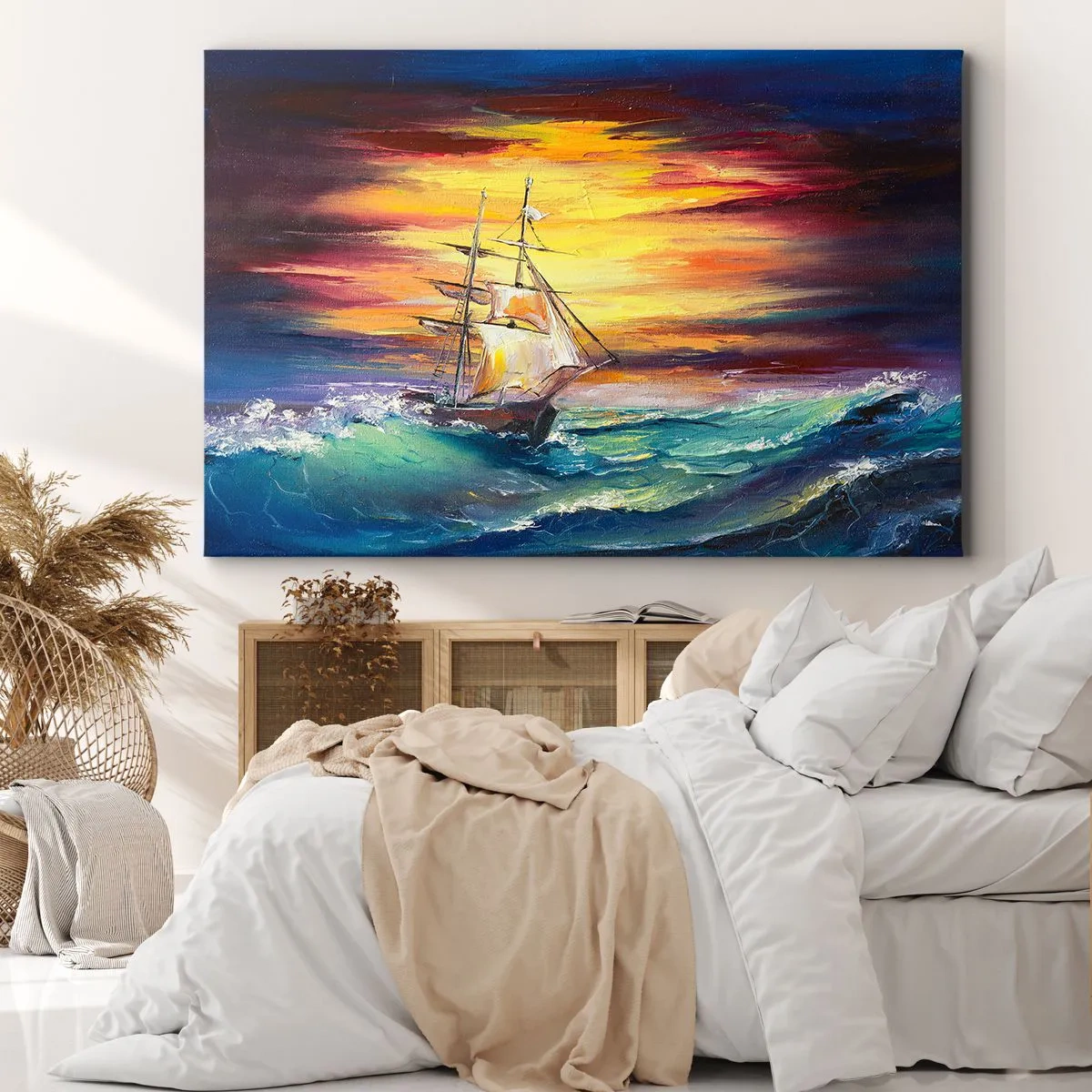 Bild auf Leinwand - Leinwandbild - Ein Segelschiff vor der Kulisse eines farbenfrohen Sonnenuntergangs - 100x70cm - Tapfer unter den Wellen - Moderne Wanddekoration für Wohnzimmer und Schlafzimmer ARTTOR