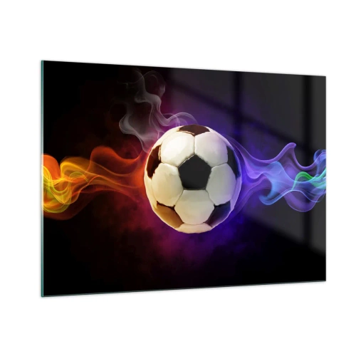 Glasbild - Bild auf glas - Ein Fußball, umgeben von bunten Streifen - 100x70cm - Die magische Kraft des Spiels - Moderne Wanddekoration für Wohnzimmer und Schlafzimmer ARTTOR