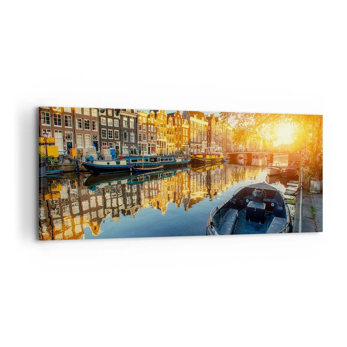 Bild auf Leinwand - Leinwandbild - Amsterdamer Kanal bei Sonnenuntergang - 120x50cm - Morgen in Amsterdam - Moderne Wanddekoration für Wohnzimmer und Schlafzimmer ARTTOR