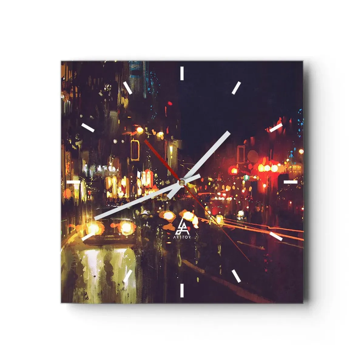 Wanduhr - Glasuhr - Nachtszene in der Stadt mit bunten Lichtern und Straßenreflexionen - 30x30cm - Eingetaucht in die Lichter der Nacht - Moderne Wanddekoration für Wohnzimmer und Schlafzimmer ARTTOR