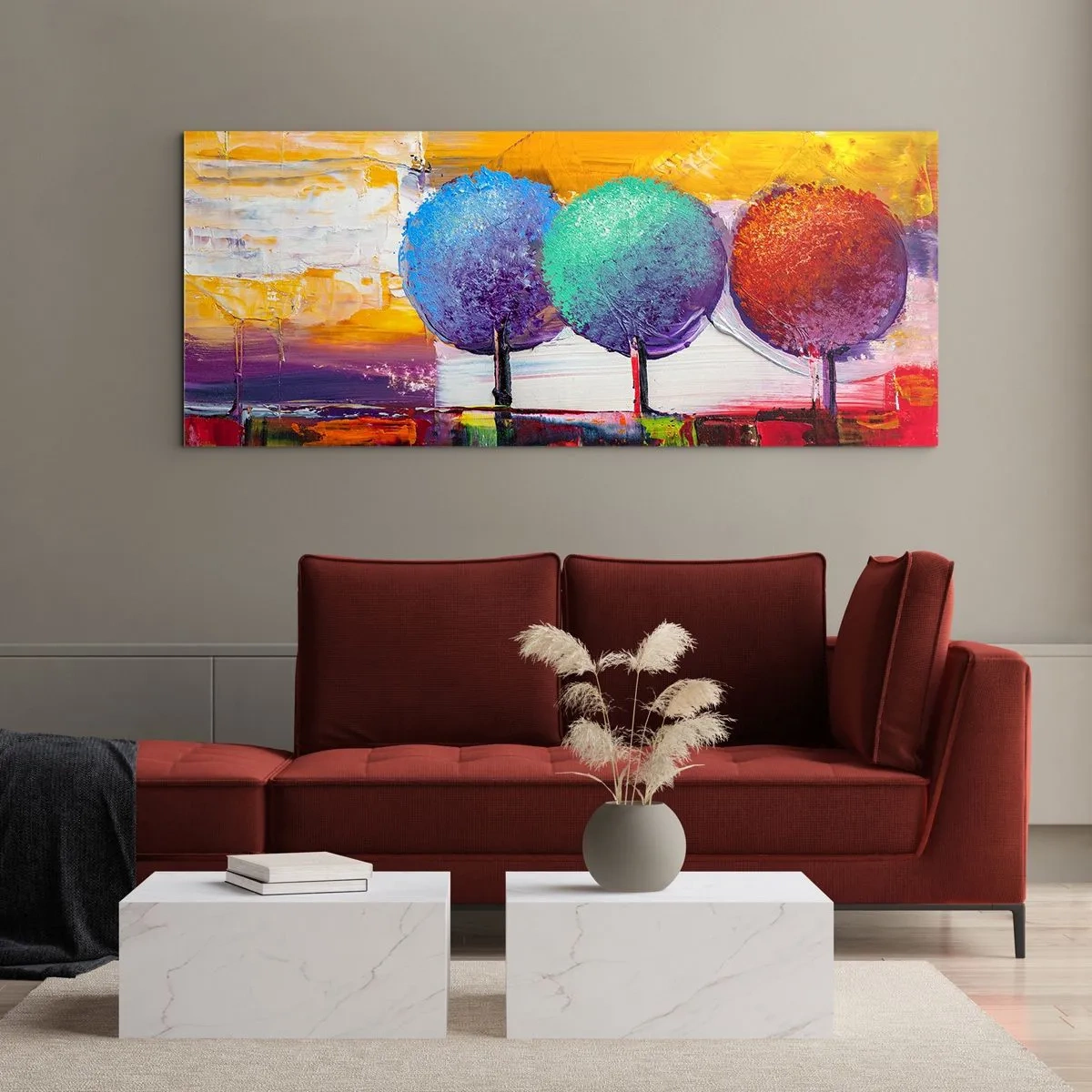 Glasbild - Bild auf glas - Drei bunte Bäume auf abstraktem Hintergrund - 120x50cm - Aller guten Dinge sind drei - Moderne Wanddekoration für Wohnzimmer und Schlafzimmer ARTTOR