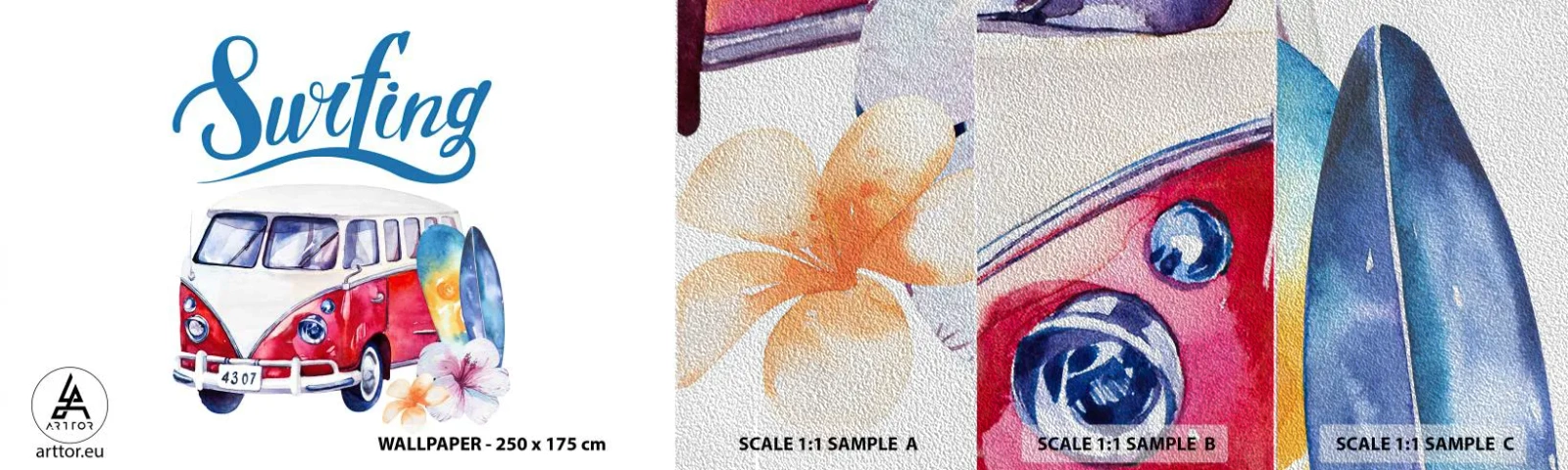 Fototapeten Muster Premium Sand - Gurke - ein Klassiker für einen Surfer - Oldtimer-Bus, Reisen, Surfbrett - 100x30 cm