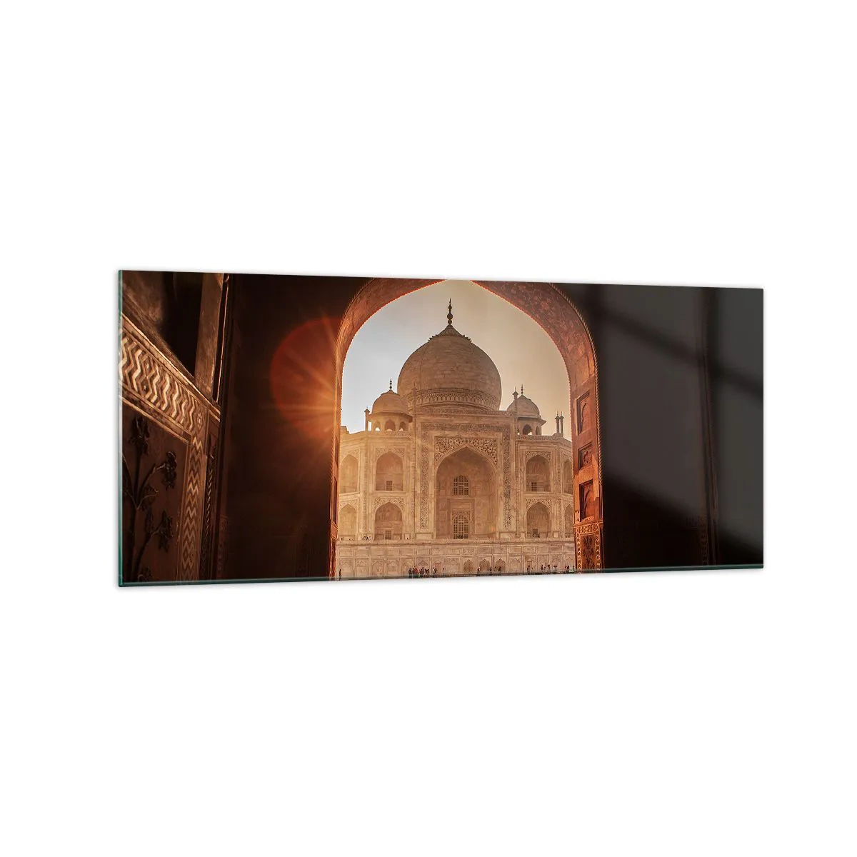 Glasbild - Bild auf glas - Taj Mahal im Sonnenlicht vom Torbogen aus gesehen - 120x50cm - Denkmal der überirdischen Liebe - Moderne Wanddekoration für Wohnzimmer und Schlafzimmer ARTTOR