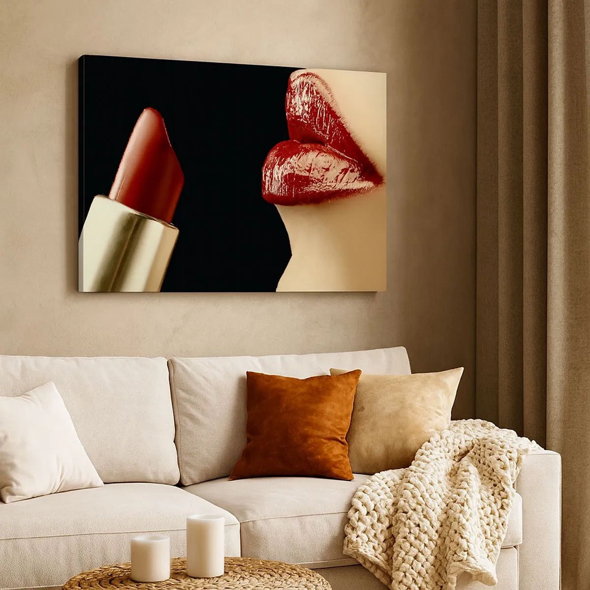Bild auf Leinwand - Leinwandbild - Rote Lippen und Lippenstift auf schwarzem Hintergrund - 70x50cm - Sinnlichkeit und Brillanz von Karmin - Moderne Wanddekoration für Wohnzimmer und Schlafzimmer ARTTOR