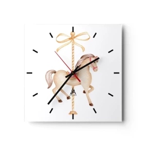Wanduhr - Glasuhr - Ein Karussellpferd mit Schleife in zarten Pastelltönen - 30x30cm - Anmutiger Trab - Moderne Wanddekoration für Wohnzimmer und Schlafzimmer ARTTOR