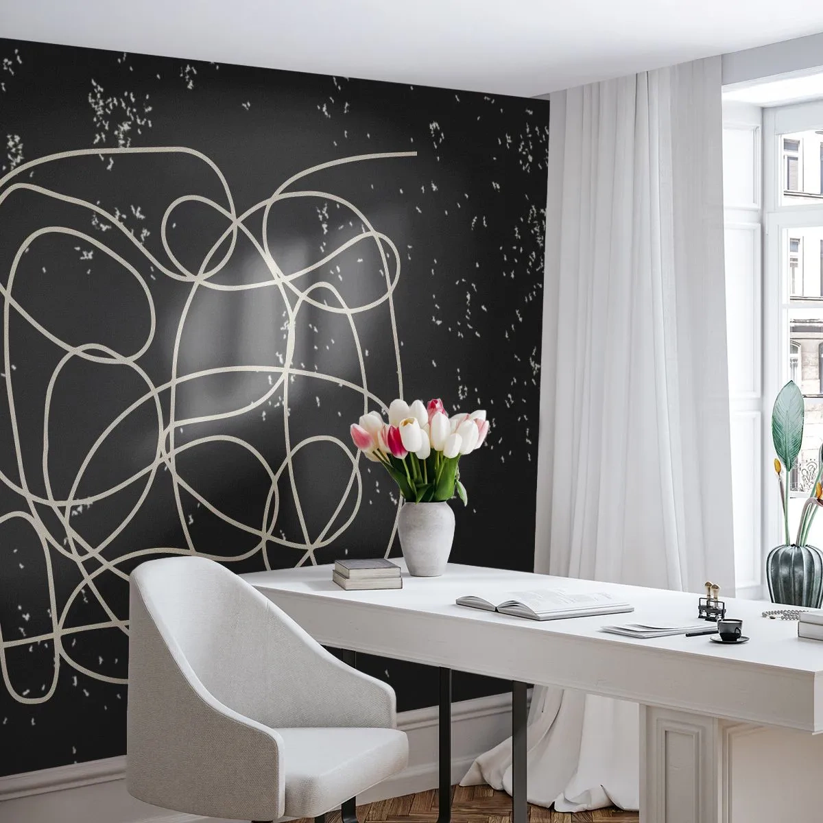 Fototapete Premium Sand - Abstrakte weiße Linien auf einem strukturierten schwarzen Hintergrund - 100x70cm - Wandernde, umherschweifende Gedanken - Moderne Wanddekoration für Wohnzimmer und Schlafzimmer ARTTOR