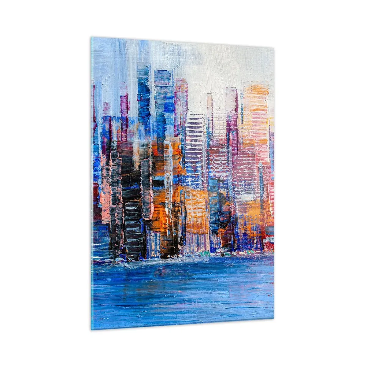 Glasbild - Bild auf glas - Ein farbenfrohes Panorama der Stadt, gemalt mit Pinselstrichen - 50x70cm - Fröhliche Metropole - Moderne Wanddekoration für Wohnzimmer und Schlafzimmer ARTTOR
