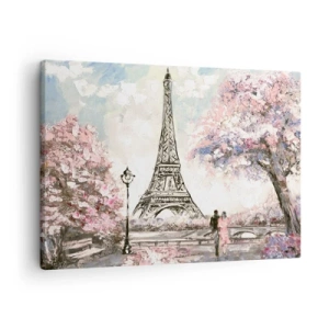 Bild auf Leinwand - Leinwandbild - Der Eiffelturm, umgeben von blühenden Bäumen - 70x50cm - Aprilspaziergang durch Paris - Moderne Wanddekoration für Wohnzimmer und Schlafzimmer ARTTOR