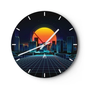 Wanduhr - Glasuhr - Retro-futuristisches Stadtbild mit Neonlichtern und Sonnenuntergang - 30x30cm - Willst du immer noch zu Real gehen? - Moderne Wanddekoration für Wohnzimmer, Küche und Schlafzimmer ARTTOR