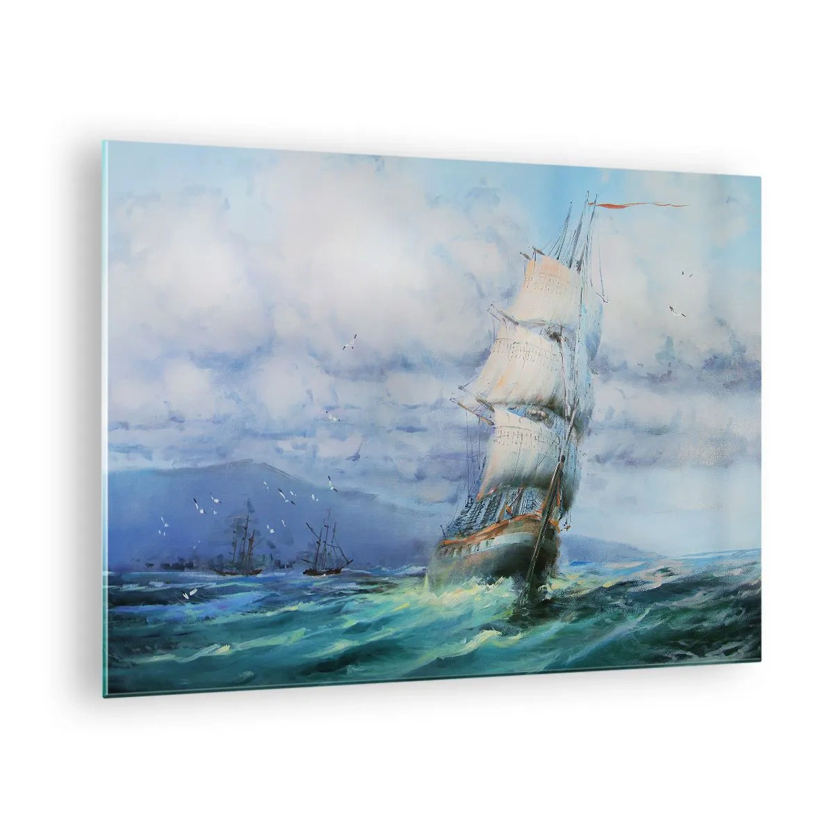 Glasbild - Bild auf glas - Ein Schiff mit Segeln segelt auf stürmischer See unter einem bewölkten Himmel - 70x50cm - Guter Wind - Moderne Wanddekoration für Wohnzimmer und Schlafzimmer ARTTOR
