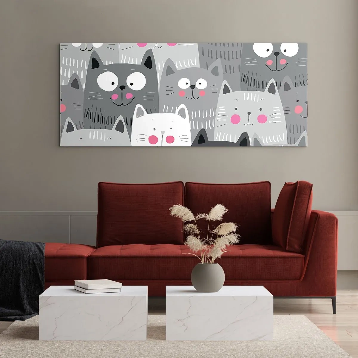 Glasbild - Bild auf glas - Ein lustiges Muster mit Katzen in Grautönen - 160x50cm - Katzenwelt - Moderne Wanddekoration für Wohnzimmer und Schlafzimmer ARTTOR