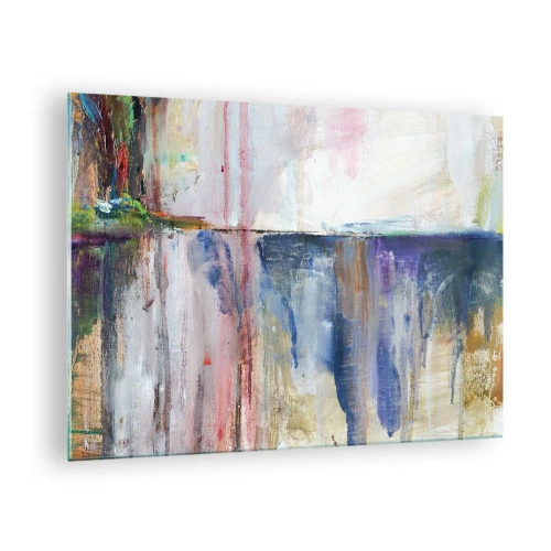 Glasbild - Bild auf glas - Eine farbenfrohe Abstraktion mit dynamischen Farbstreifen und Texturen. - 70x50cm - Bunte Eindrücke und Assoziationen - Moderne Wanddekoration für Wohnzimmer und Schlafzimmer ARTTOR