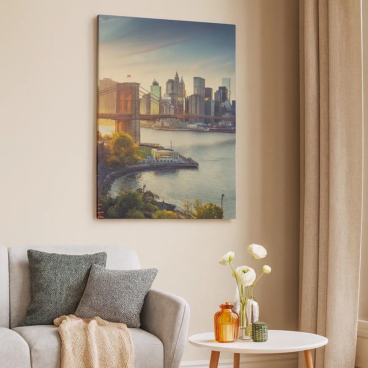 Bild auf Leinwand - Leinwandbild - Panorama der Stadt mit der Brücke bei Sonnenuntergang - 50x70cm - Morgendämmerung der Großstadt - Moderne Wanddekoration für Wohnzimmer und Schlafzimmer ARTTOR