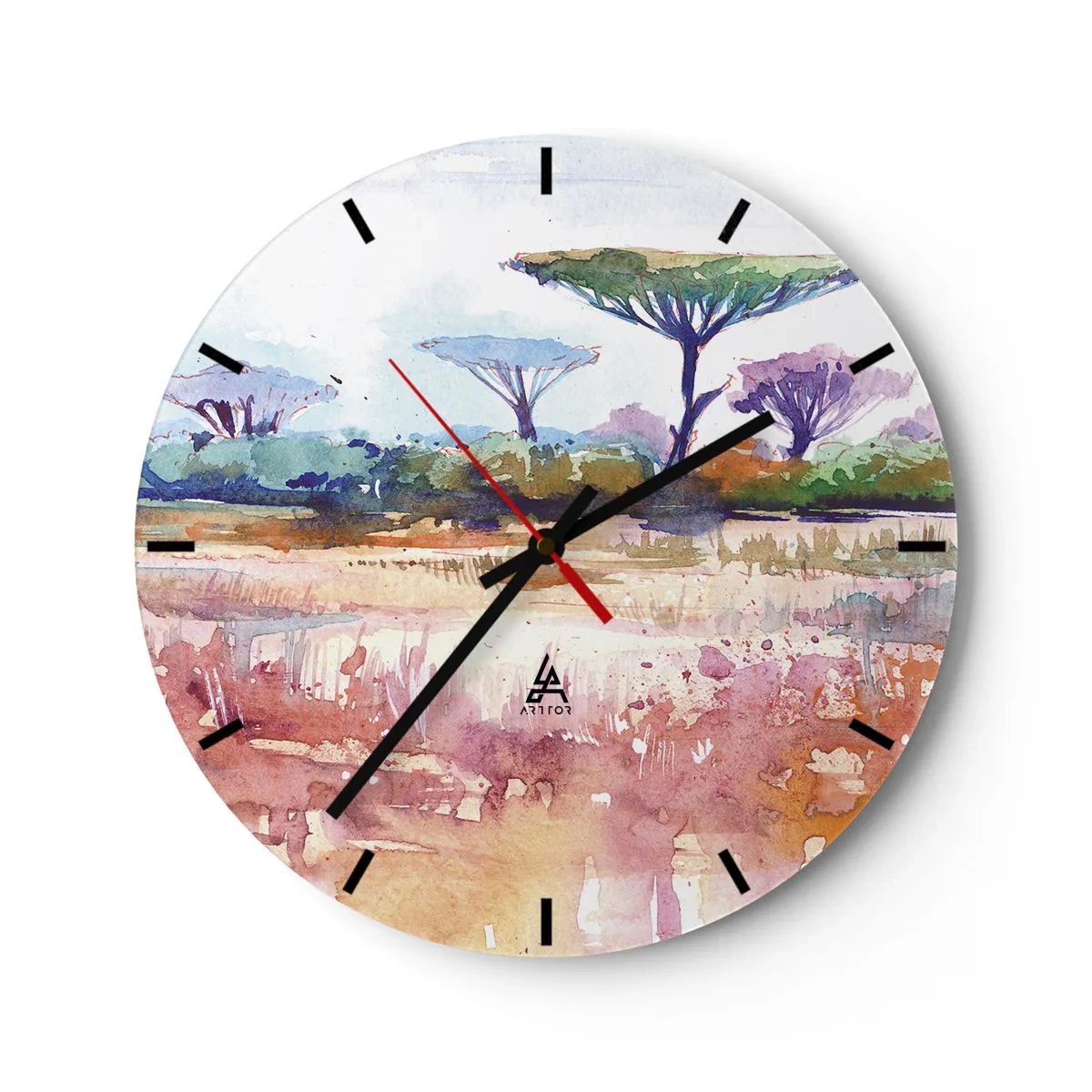 Wanduhr - Glasuhr - Eine Aquarell-Savannenlandschaft mit charakteristischen Bäumen - 30x30cm - Savannah-Farben - Moderne Wanddekoration für Wohnzimmer, Küche und Schlafzimmer ARTTOR