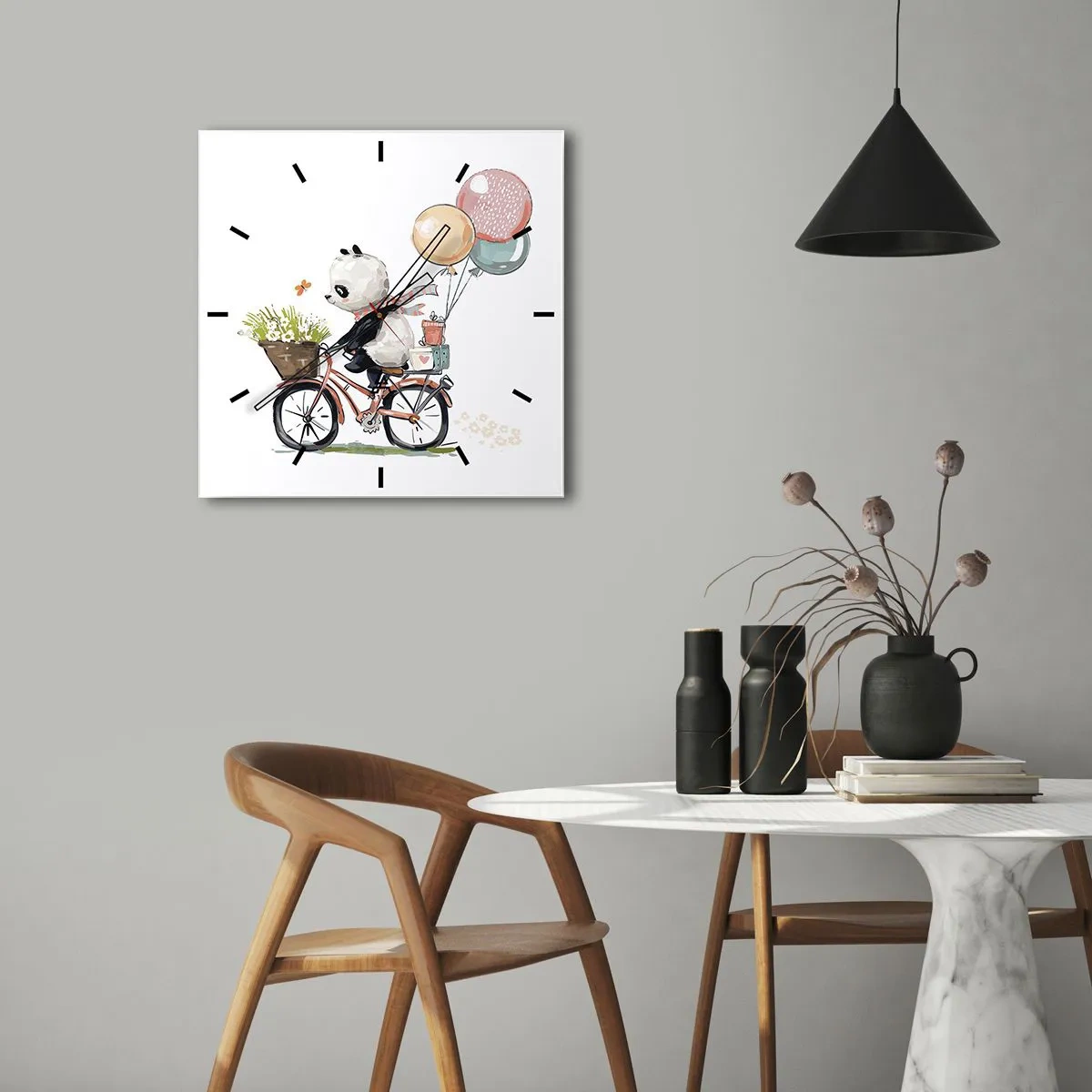 Wanduhr - Glasuhr - Panda auf einem Fahrrad mit Luftballons und Blumen - 30x30cm - Glücklicher Tag - Moderne Wanddekoration für Wohnzimmer und Schlafzimmer ARTTOR