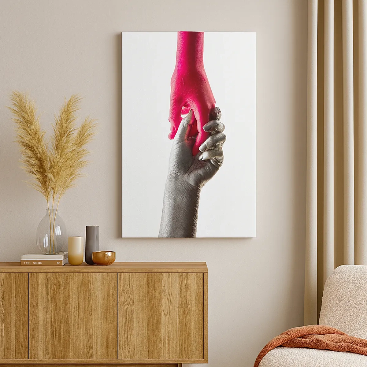 Bild auf Leinwand - Leinwandbild - Symbolische Hände in Silber und Rot - 50x70cm - Gemeinsam, obwohl anders - Moderne Wanddekoration für Wohnzimmer und Schlafzimmer ARTTOR