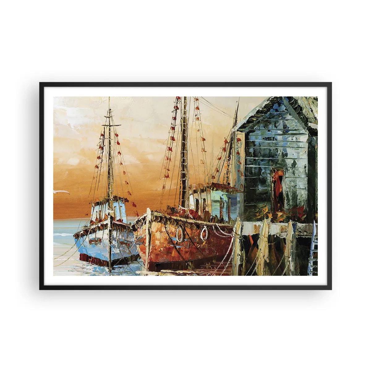Poster in einem schwarzem Rahmen - Boote am Ufer im warmen Licht des Sonnenuntergangs - 100x70cm - Friedliche Rückkehr - Moderne Wanddekoration für Wohnzimmer und Schlafzimmer ARTTOR