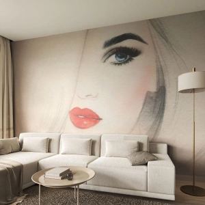 Selbstklebende Fototapete Deluxe Sticker - Es hypnotisiert und berauscht - Porträt einer Frau, Das Gesicht einer Frau, rote Lippen - 350x256 cm