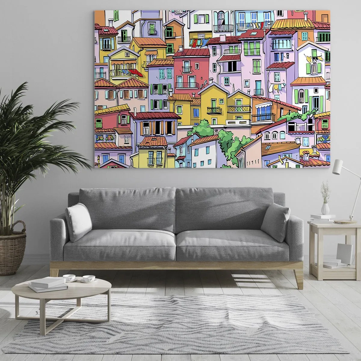 Glasbild - Bild auf glas - Bunte Mietshäuser im Cartoon-Stil, voller Details - 70x50cm - Lustige Stadt - Moderne Wanddekoration für Wohnzimmer und Schlafzimmer ARTTOR