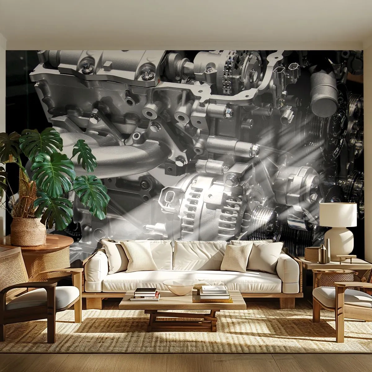 Fototapete Premium Canvas - Nahaufnahme von metallischen Motorteilen auf schwarzem Hintergrund - 100x70cm - Stahl, schön, stark - Moderne Wanddekoration für Wohnzimmer und Schlafzimmer ARTTOR