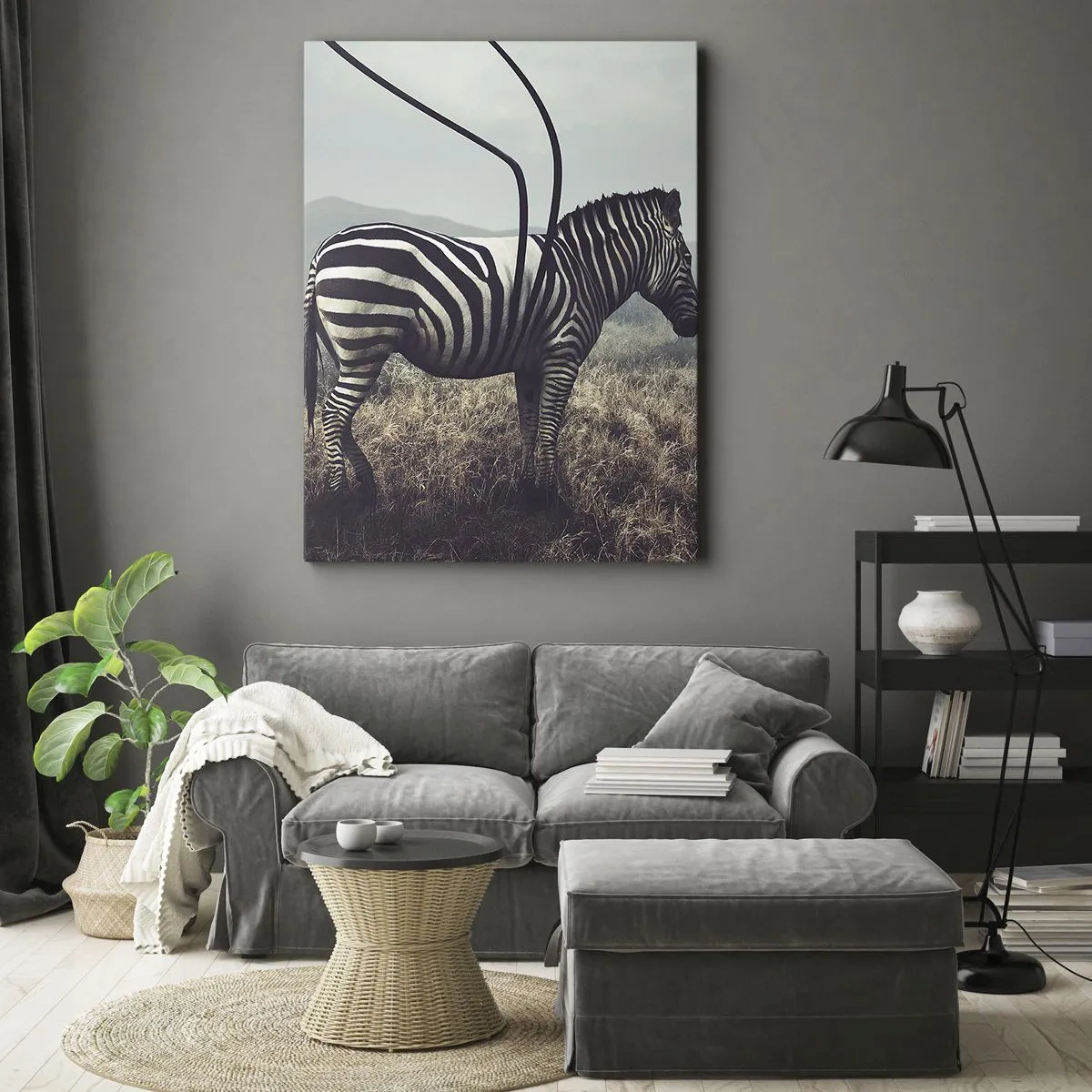 Bild auf Leinwand - Leinwandbild - Ein surreales Zebra vor einer grasbewachsenen Landschaft - 70x100cm - Achtung! Fehler - Moderne Wanddekoration für Wohnzimmer und Schlafzimmer ARTTOR