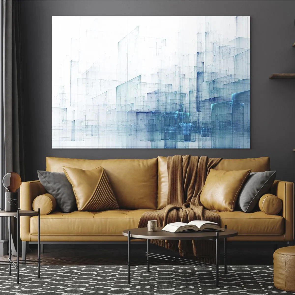Glasbild - Bild auf glas - Abstrakte geometrische Komposition in Blautönen - 70x50cm - Wie der Raum wgeschaffen urde - Moderne Wanddekoration für Wohnzimmer und Schlafzimmer ARTTOR