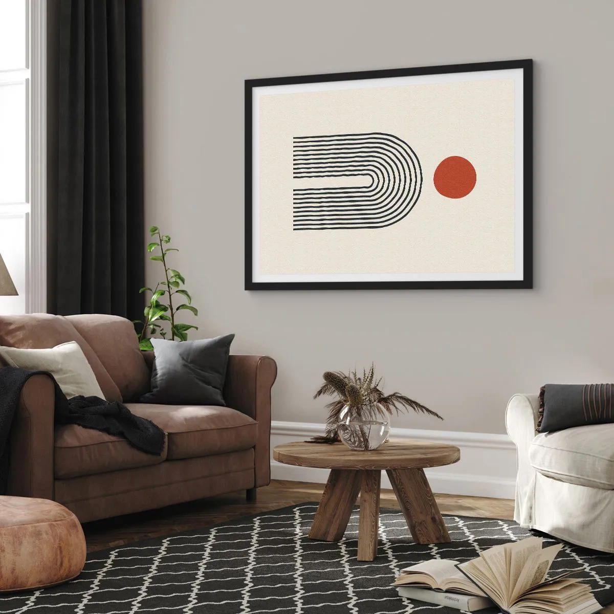 Poster in einem schwarzem Rahmen - Modernes abstraktes Muster mit Linien und einem roten Kreis - 70x50cm - Magnetismus von Formen und Farben - Moderne Wanddekoration für Wohnzimmer und Schlafzimmer ARTTOR